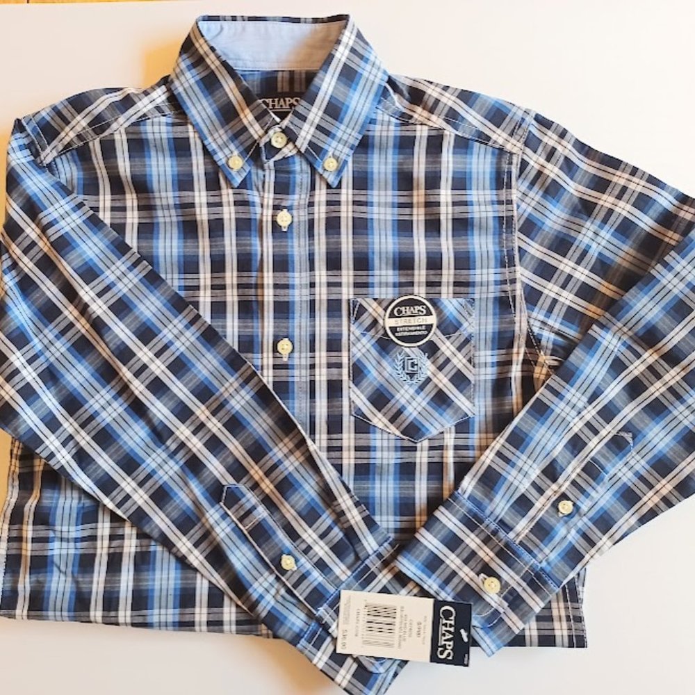 Chaps Boys' Button Down Shirt - Size 8 - Medium Blue Plaid - NWT